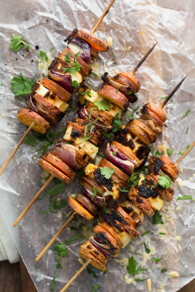 grilled-sriracha-tahini-sweet-potato-skewers-with-halloumi