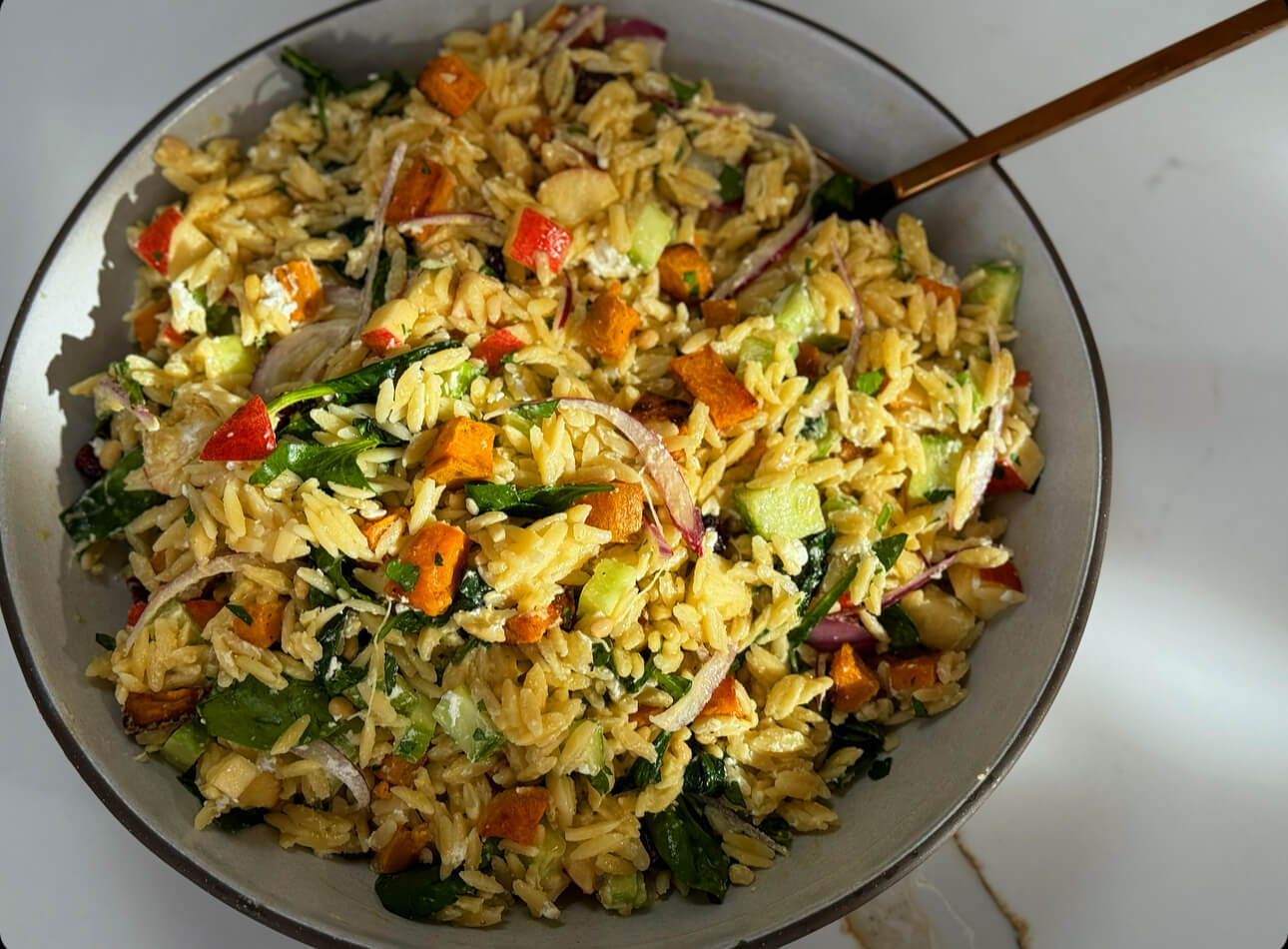 Orzo and Sweetpotato Salad with Dijon-Maple Dressing